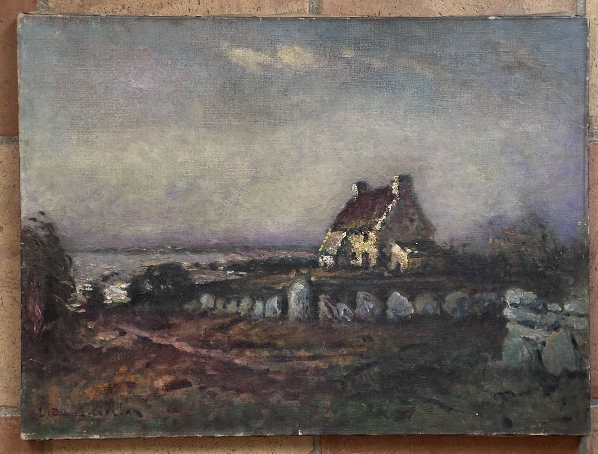 Duval-Gozlan  Tableau paysage Chaumière mer Marine Bretagne  crépuscule 1900-photo-7