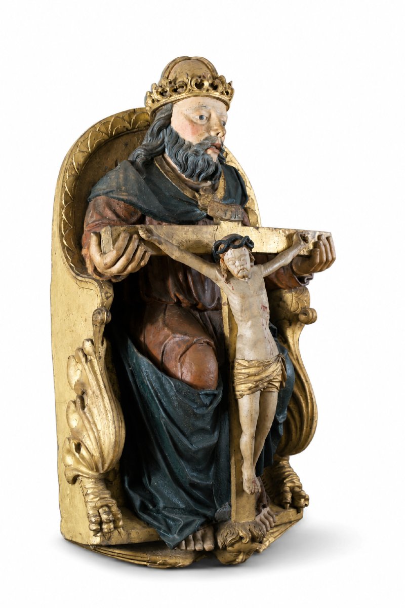 Antique Religious Sculpture Of God Christ, Trinity, Throne Of Grace, 15th Century, Carved Wood, Swabian -photo-3