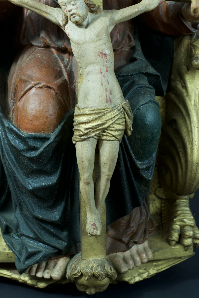 Sculpture Religieuse Dieu  le Père  Christ Trinité Trône de Grâce XV   bois sculpté Souabe -photo-5