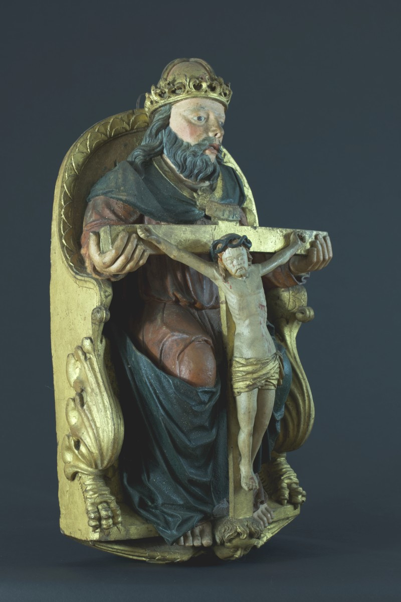 Antique Religious Sculpture Of God Christ, Trinity, Throne Of Grace, 15th Century, Carved Wood, Swabian -photo-1