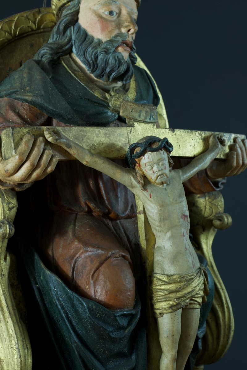 Antique Religious Sculpture Of God Christ, Trinity, Throne Of Grace, 15th Century, Carved Wood, Swabian -photo-1