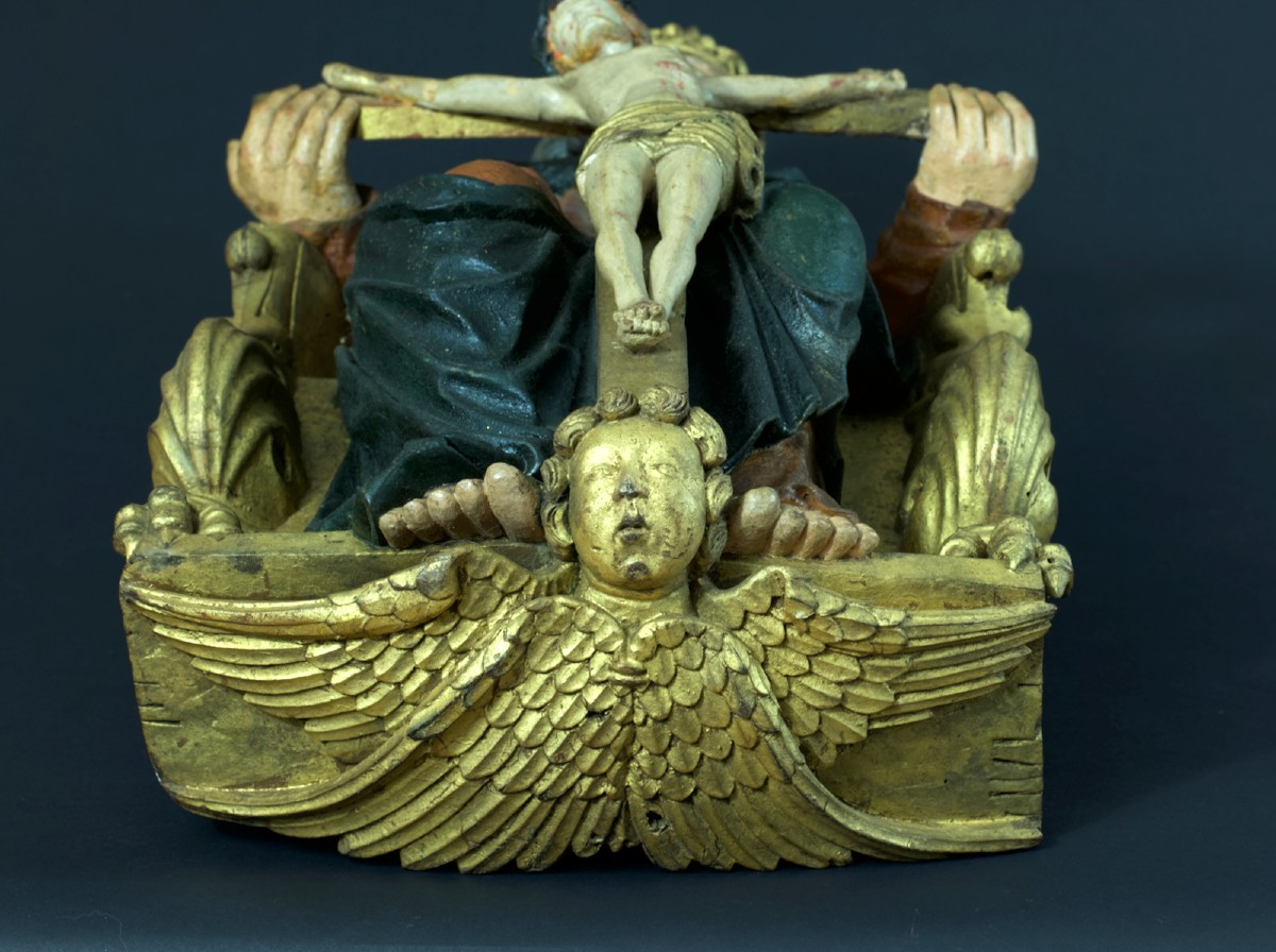 Antique Religious Sculpture Of God Christ, Trinity, Throne Of Grace, 15th Century, Carved Wood, Swabian -photo-3