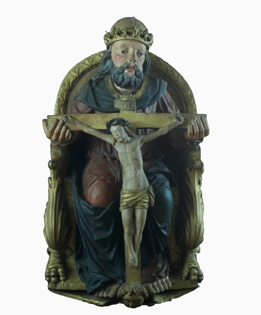 Sculpture Religieuse Dieu  le Père  Christ Trinité Trône de Grâce XV   bois sculpté Souabe 