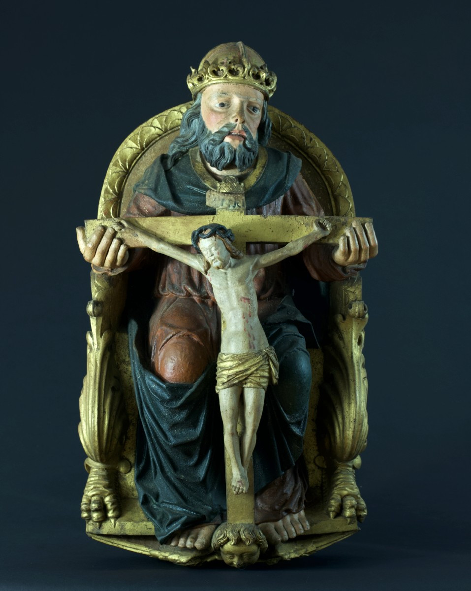 Antique Religious Sculpture Of God Christ, Trinity, Throne Of Grace, 15th Century, Carved Wood, Swabian 