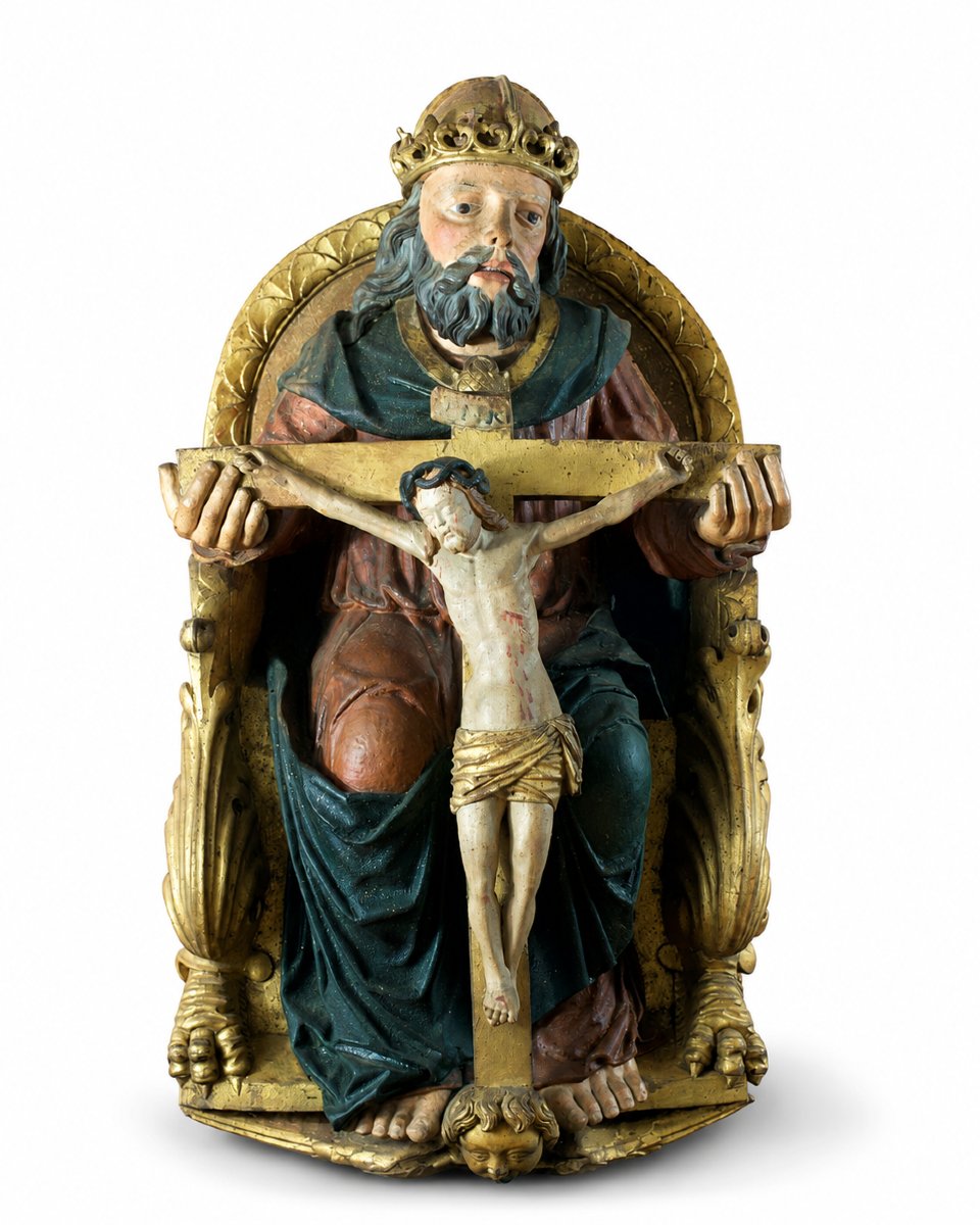 Antique Religious Sculpture Of God Christ, Trinity, Throne Of Grace, 15th Century, Carved Wood, Swabian 