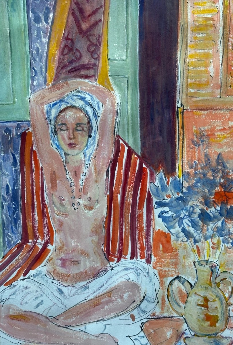 Dessin portrait jeune femme nue intérieur Orientale 1950 Schmidt Toulouse-photo-2