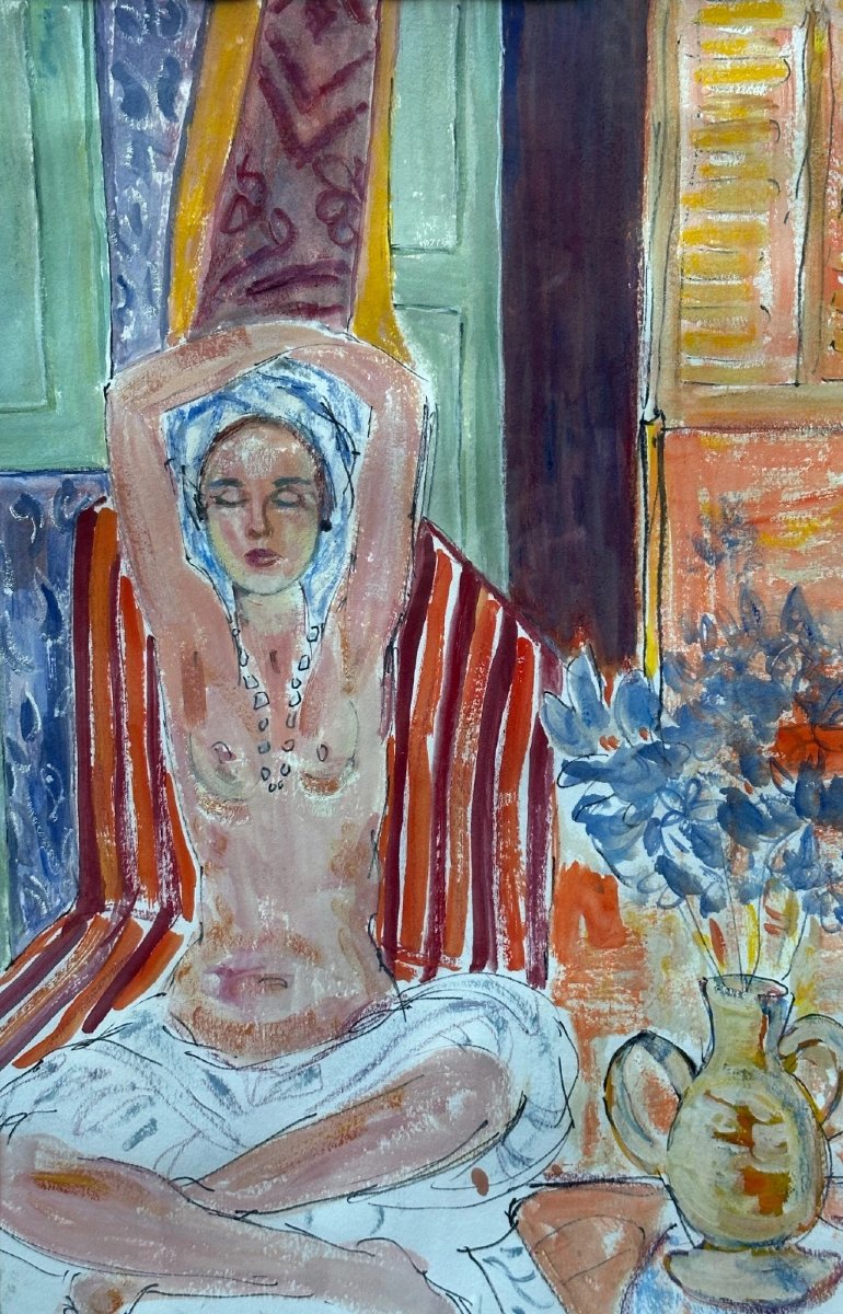 Dessin portrait jeune femme nue intérieur Orientale 1950 Schmidt Toulouse-photo-1