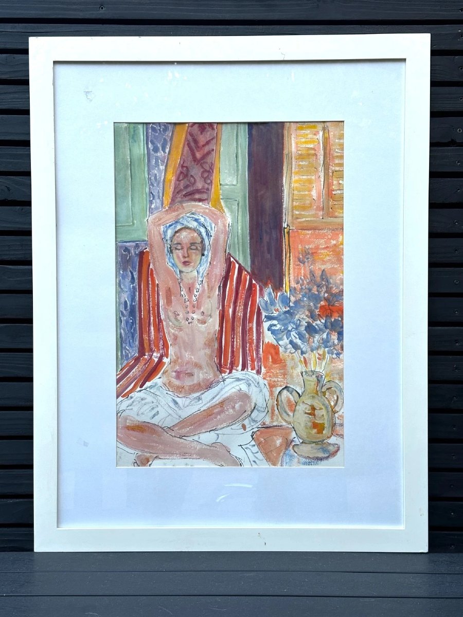Dessin portrait jeune femme nue intérieur Orientale 1950 Schmidt Toulouse-photo-2