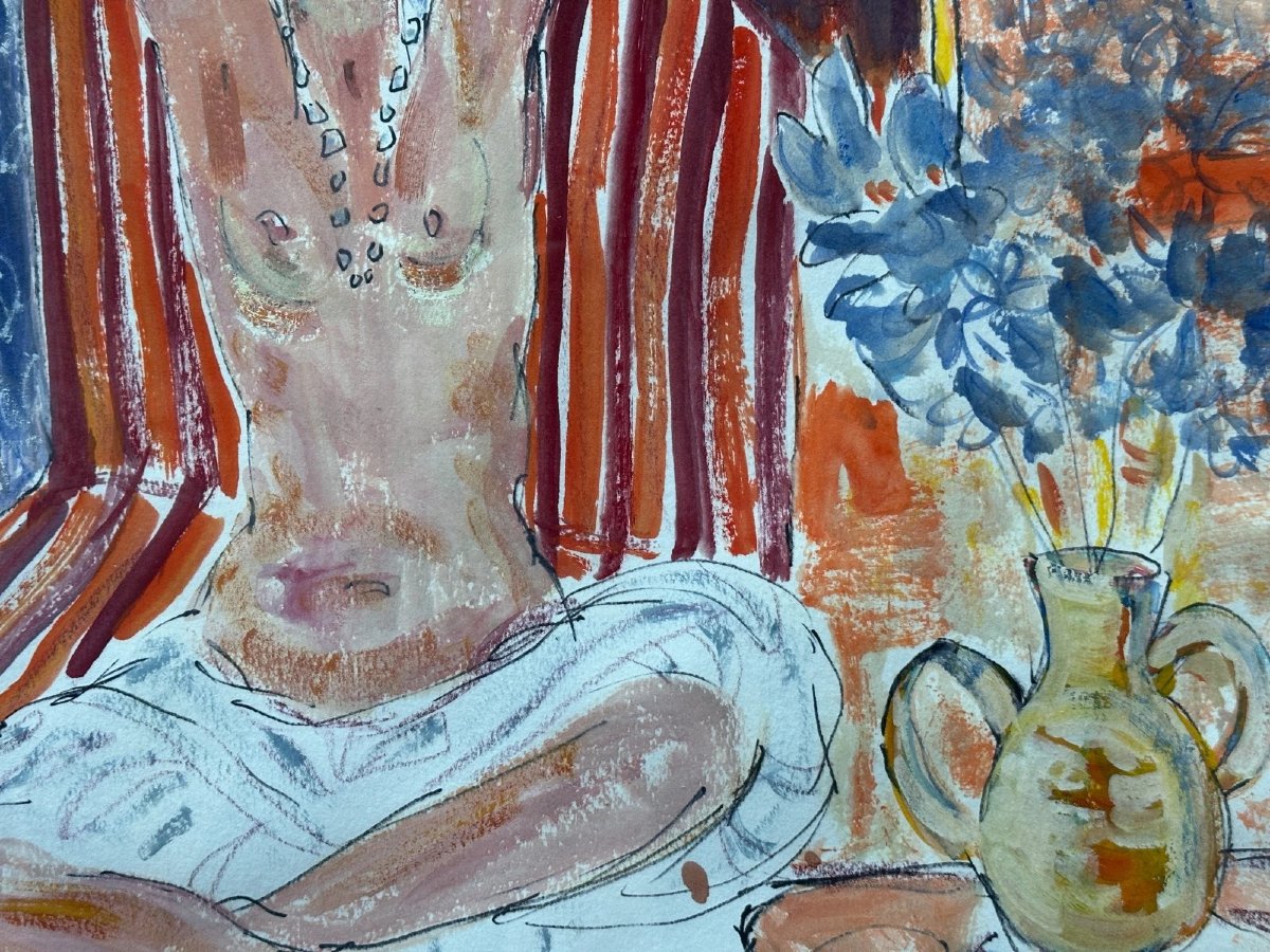 Dessin portrait jeune femme nue intérieur Orientale 1950 Schmidt Toulouse-photo-3