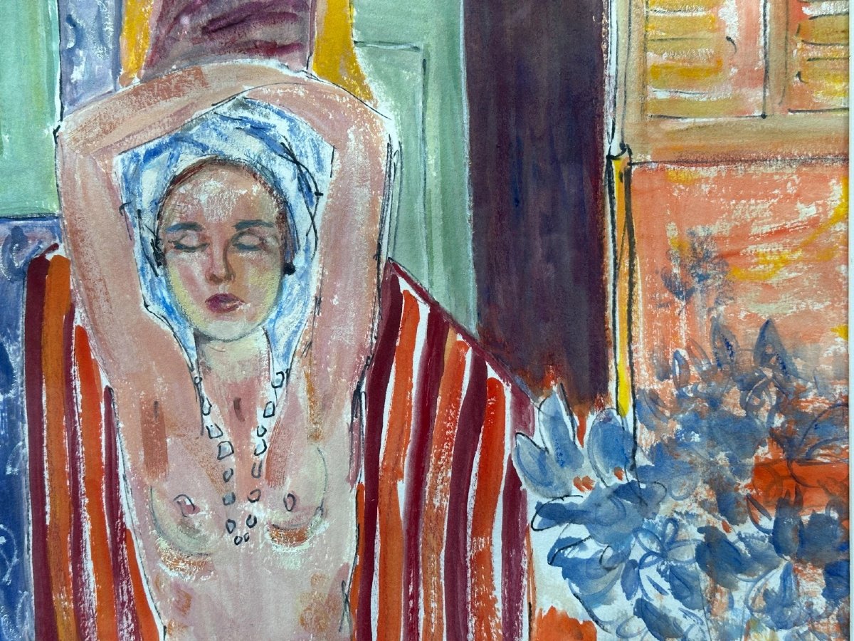 Dessin portrait jeune femme nue intérieur Orientale 1950 Schmidt Toulouse-photo-5