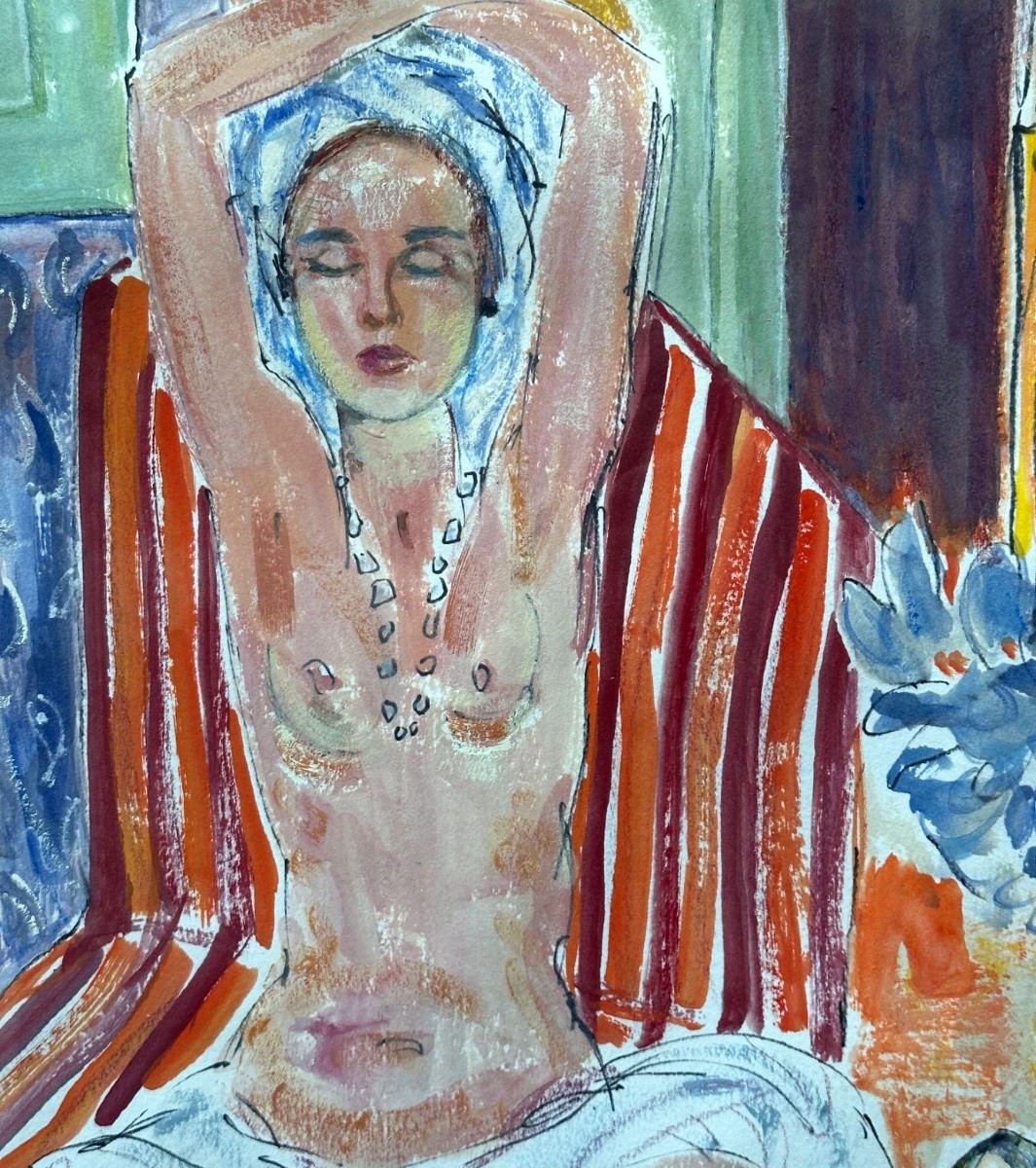 Dessin portrait jeune femme nue intérieur Orientale 1950 Schmidt Toulouse