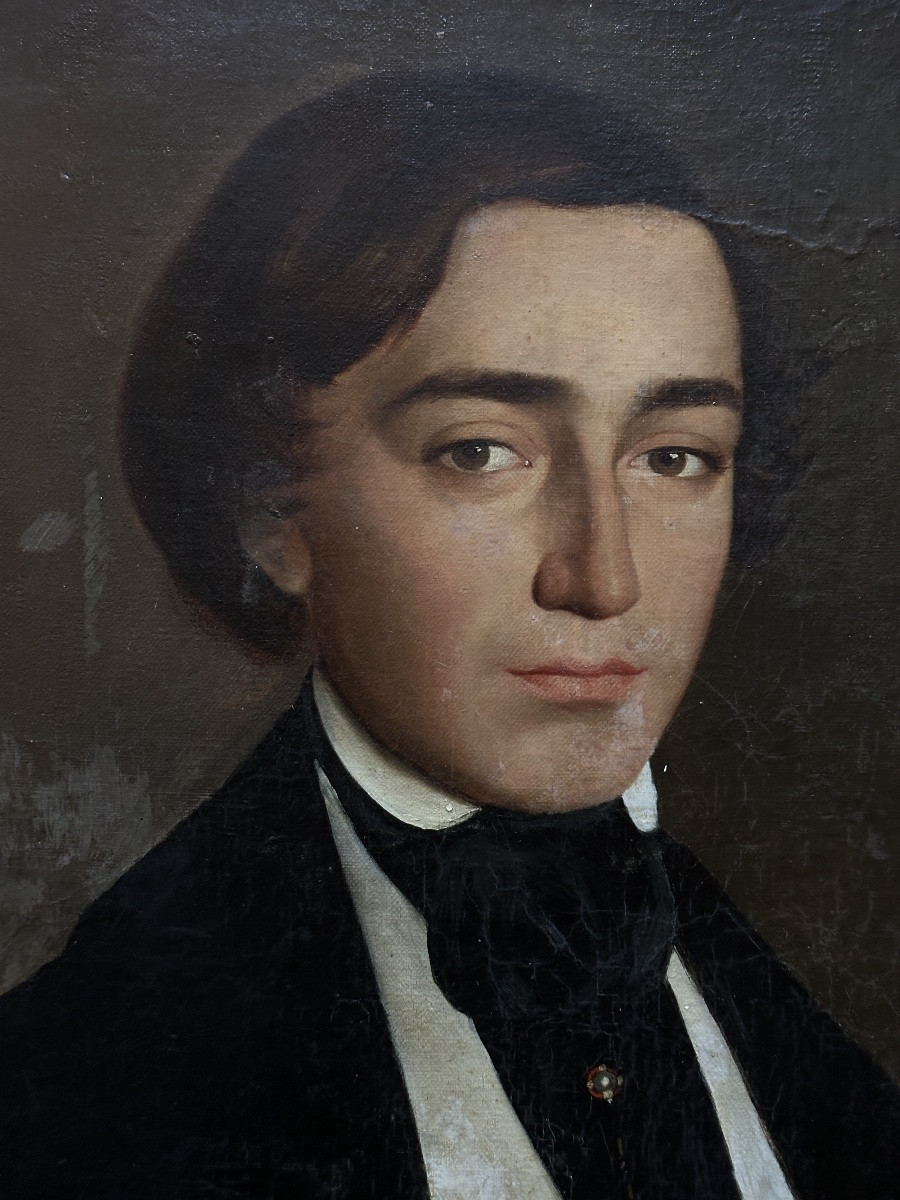 Tableau portrait de jeune homme Dandy Romantique hst cadre 19ème -photo-1