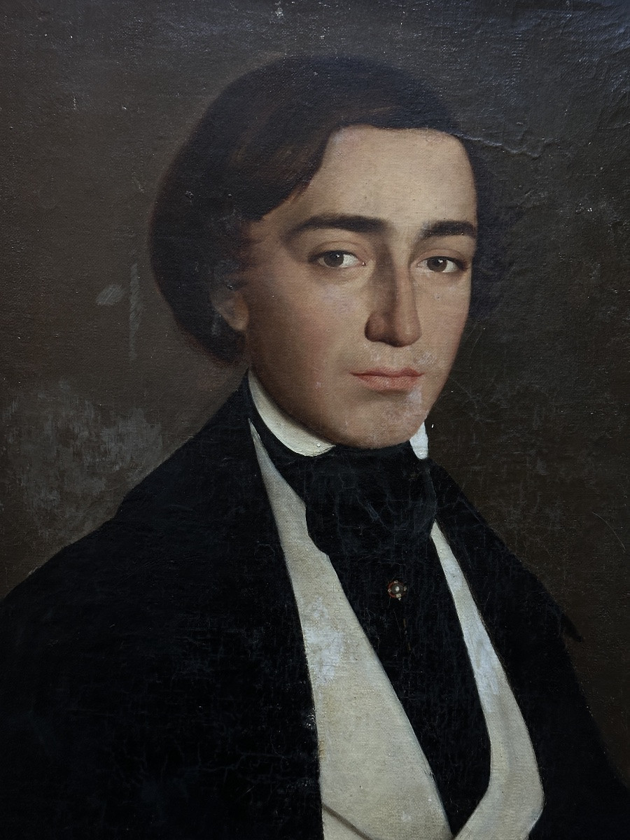 Tableau portrait de jeune homme Dandy Romantique hst cadre 19ème -photo-3