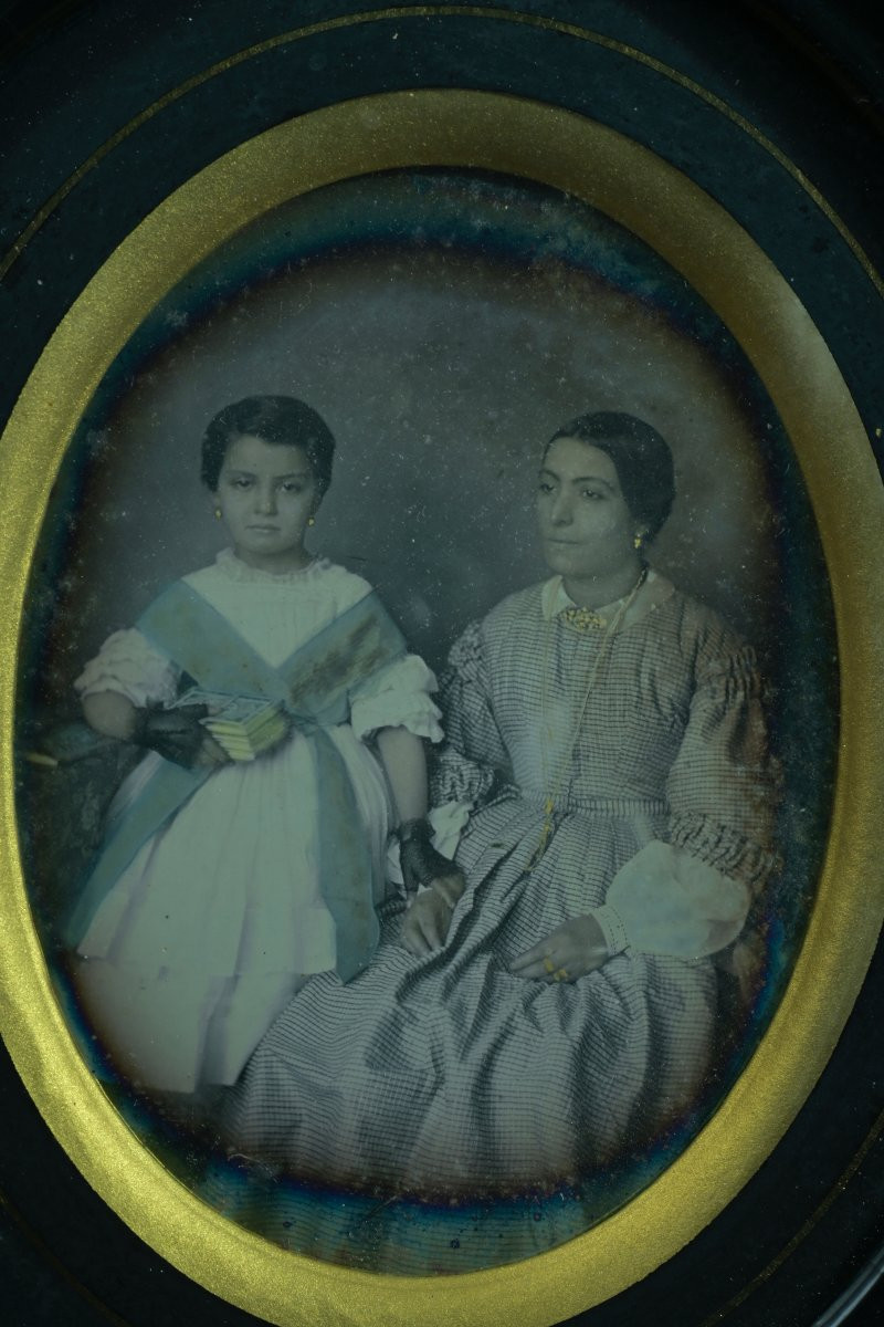 Ambrotype Daguerreotype Portrait Of A Woman And Girl, 19th Century, Costume Photograph-photo-3