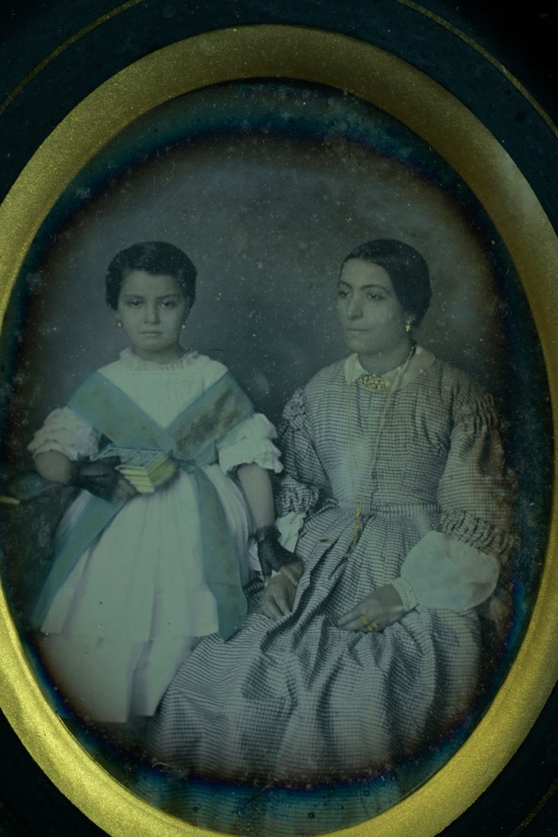 Ambrotype Daguerreotype Portrait Of A Woman And Girl, 19th Century, Costume Photograph