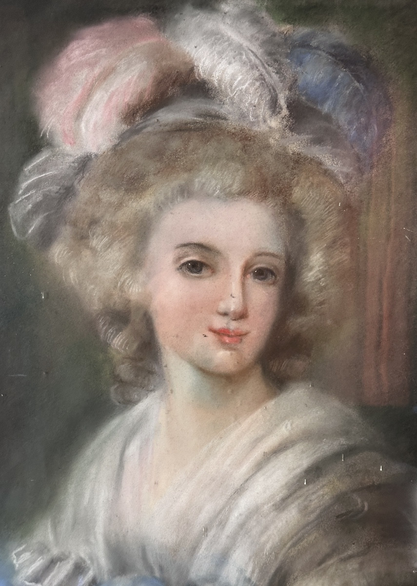 Drawing Portrait Of A Young Woman Feathered Hat Headdress Fashion Louis XVI Costume Pastel 