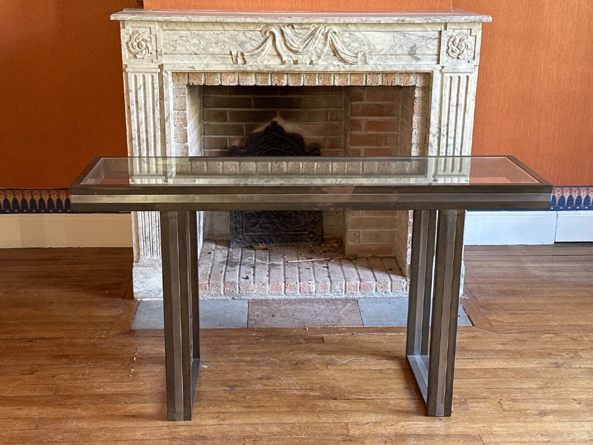 Beautiful Vintage Italian Design Console Table By Romeo Rega, Circa 1970. Metal And Glass Tabletop.-photo-2