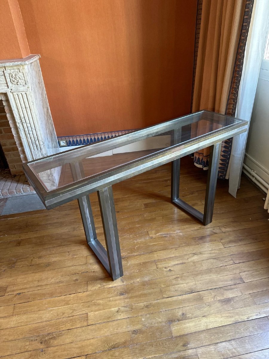 Beautiful Vintage Italian Design Console Table By Romeo Rega, Circa 1970. Metal And Glass Tabletop.-photo-1