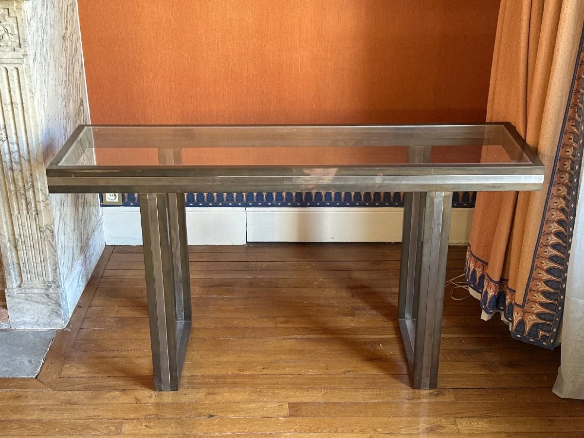 Beautiful Vintage Italian Design Console Table By Romeo Rega, Circa 1970. Metal And Glass Tabletop.-photo-5