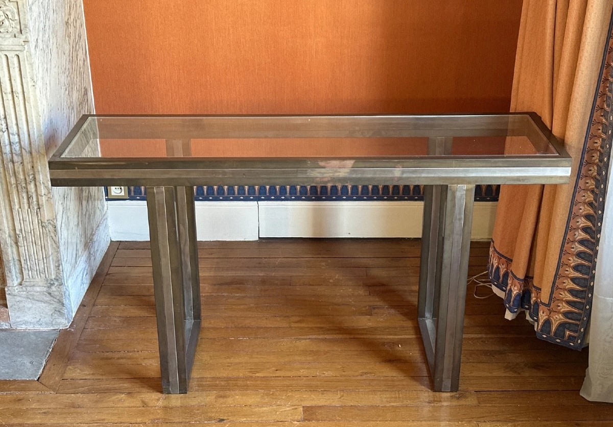 Beautiful Vintage Italian Design Console Table By Romeo Rega, Circa 1970. Metal And Glass Tabletop.