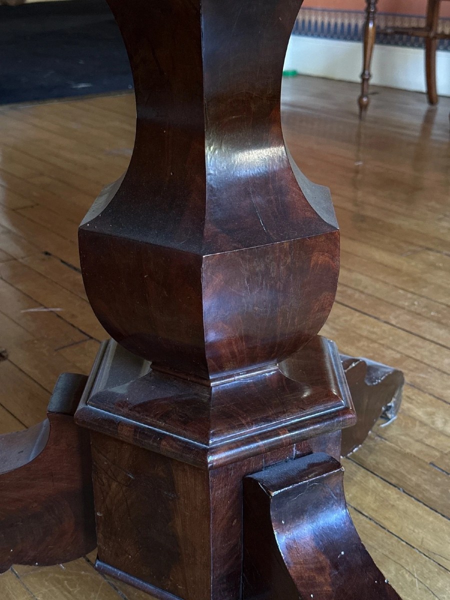 Guéridon  tripode  19ème  Empire   grand plateau marbre gris Saint Anne Cuvette -photo-4