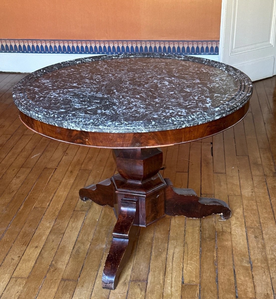 Guéridon  tripode  19ème  Empire   grand plateau marbre gris Saint Anne Cuvette -photo-1