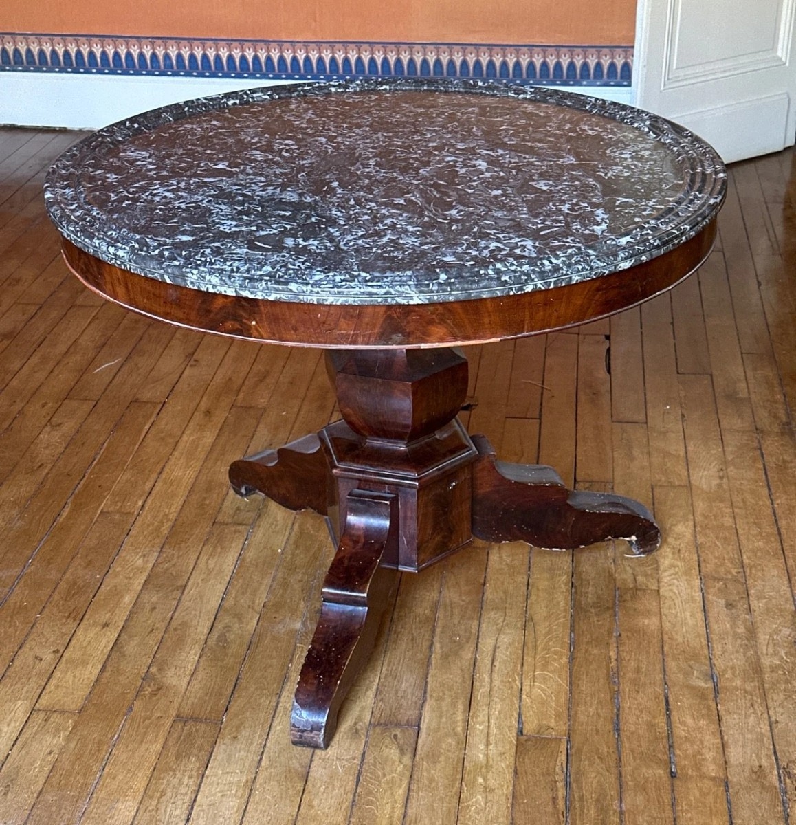 Guéridon  tripode  19ème  Empire   grand plateau marbre gris Saint Anne Cuvette 