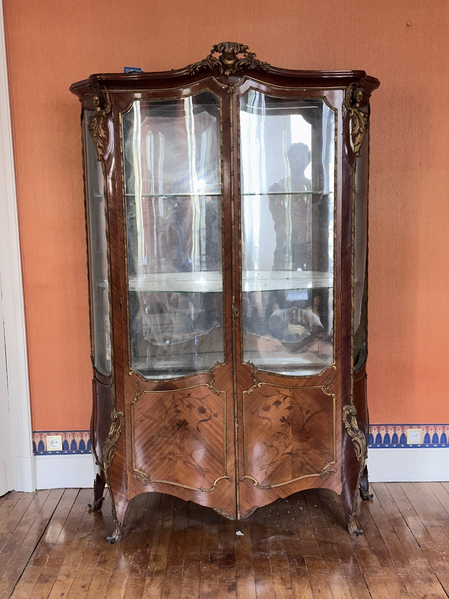 Louis XV Armoire Curved Glass Display Cabinet Bronze Marquetry St Linke Paris 19th Century-photo-2