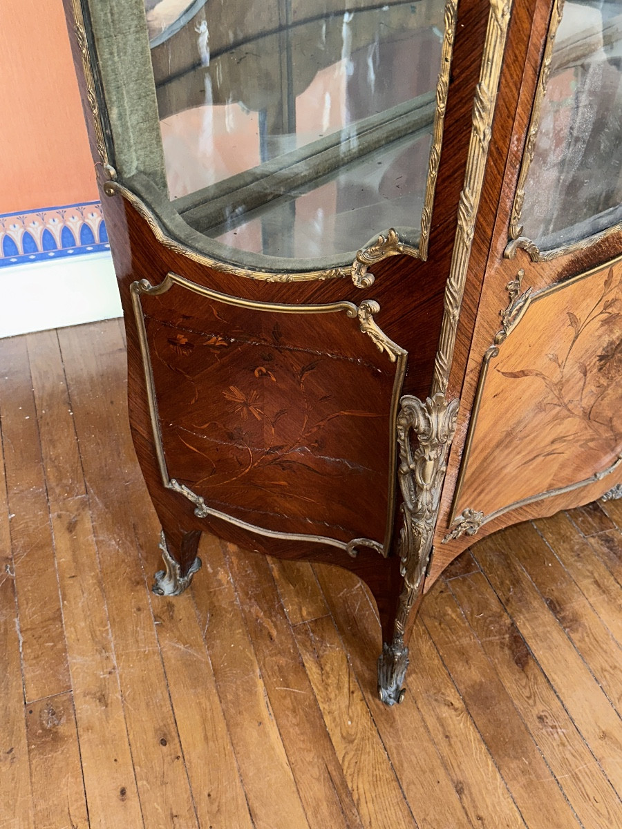 Louis XV Armoire Curved Glass Display Cabinet Bronze Marquetry St Linke Paris 19th Century-photo-6
