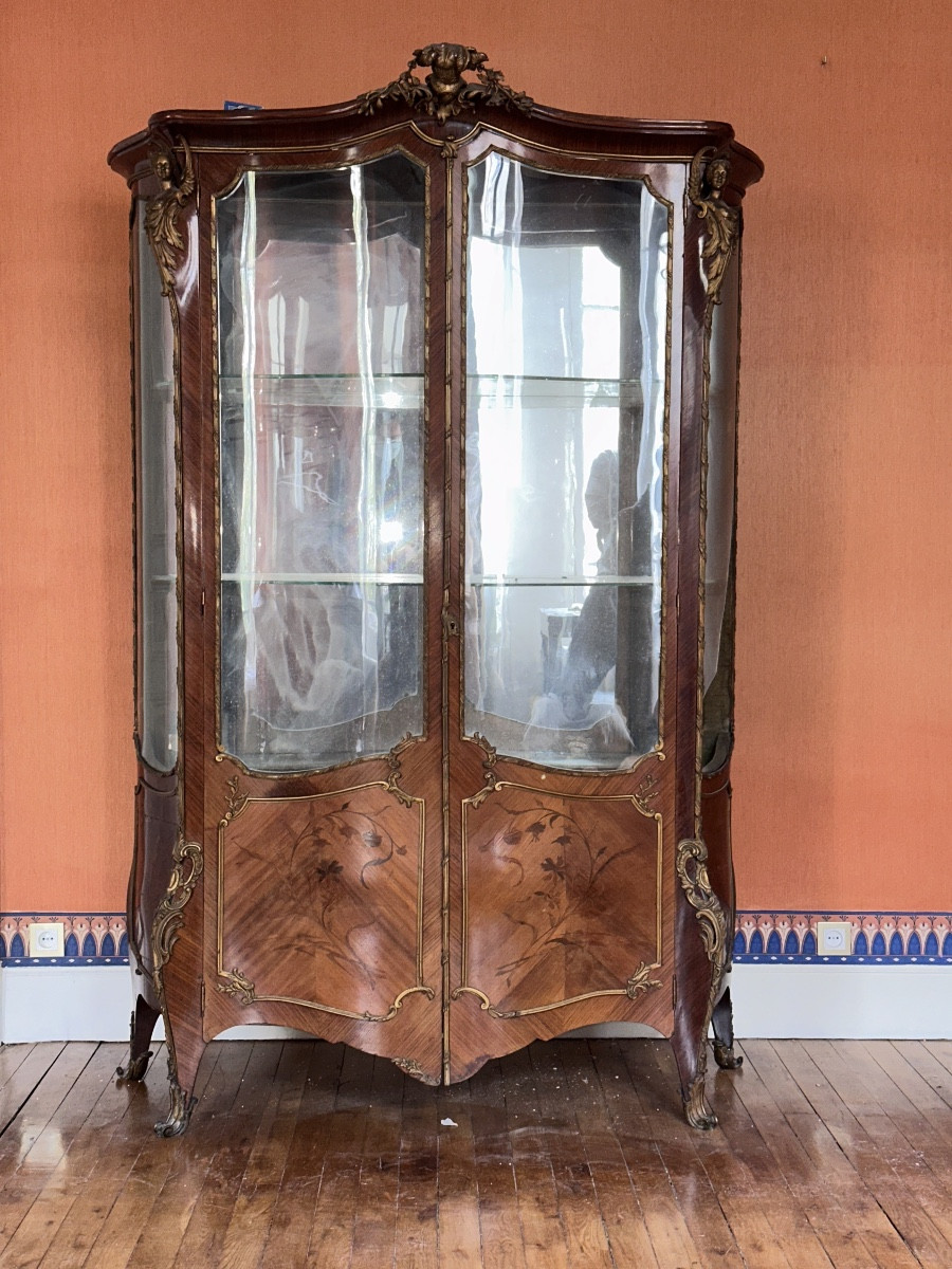 Louis XV Armoire Curved Glass Display Cabinet Bronze Marquetry St Linke Paris 19th Century-photo-7