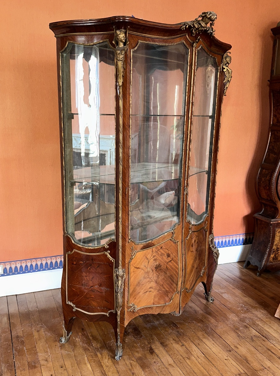 Louis XV Armoire Curved Glass Display Cabinet Bronze Marquetry St Linke Paris 19th Century