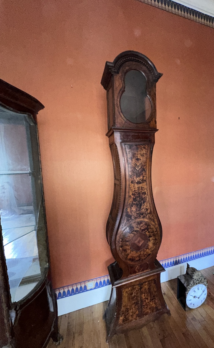 Bresse Clock In Veneered And Inlaid Wood, Comtois Movement 18th Century-photo-2