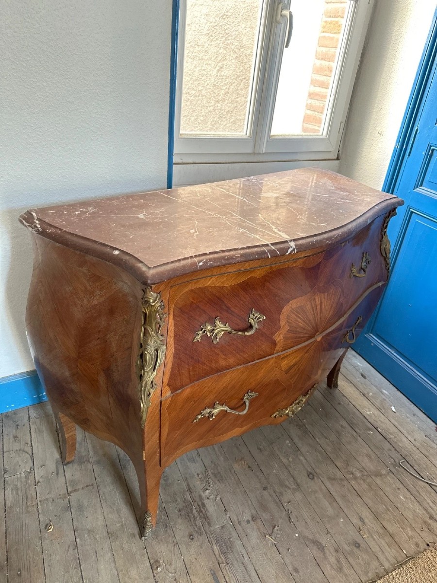 Commode tombeau marqueterie  rayonnante Louis XV  marbre rouge 2 tiroirs -photo-2