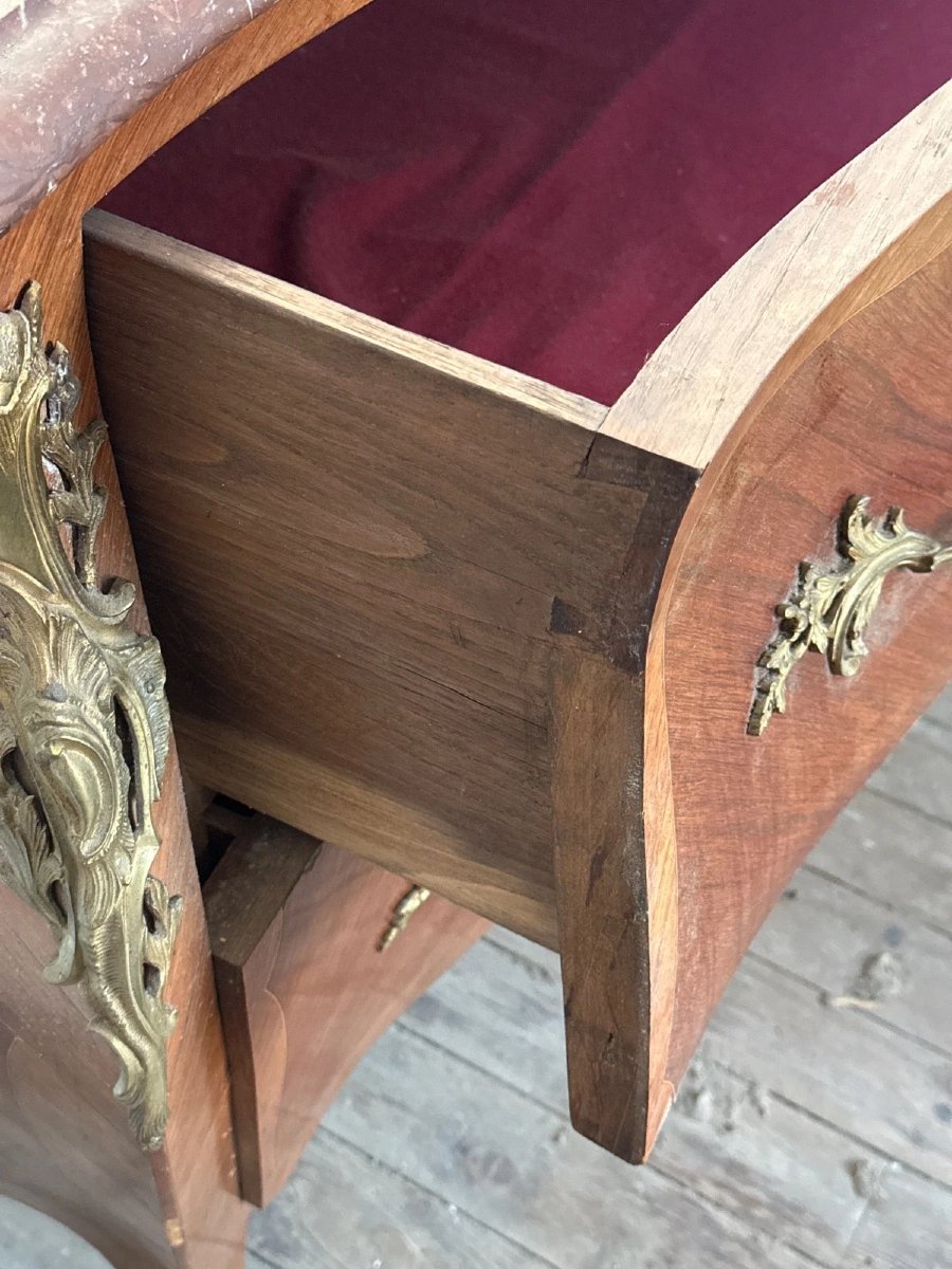 Commode tombeau marqueterie  rayonnante Louis XV  marbre rouge 2 tiroirs -photo-1