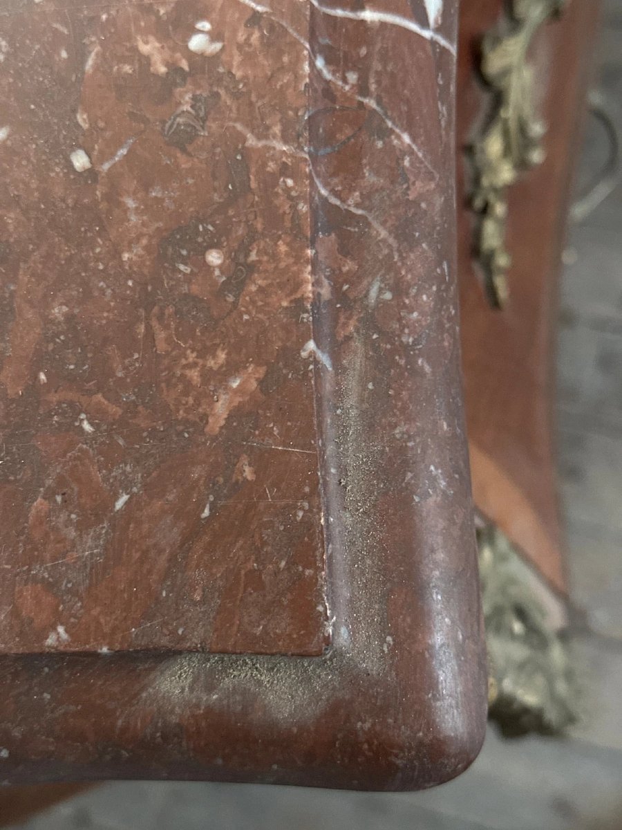 Commode tombeau marqueterie  rayonnante Louis XV  marbre rouge 2 tiroirs -photo-3