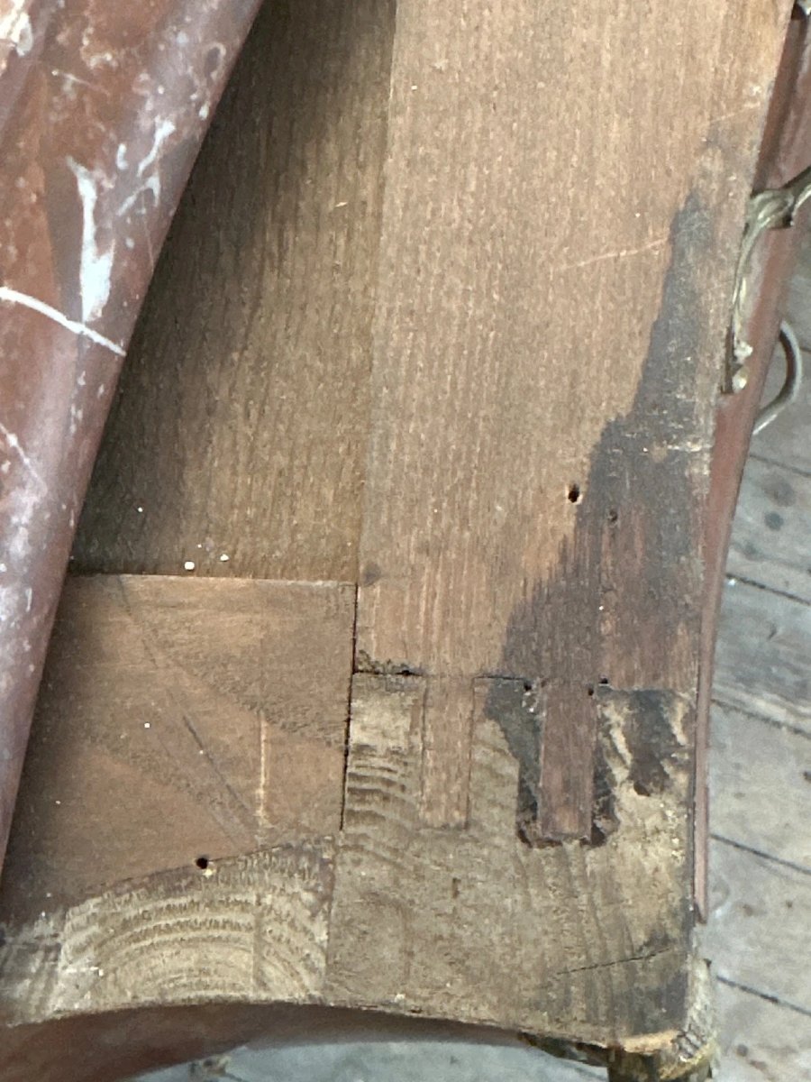 Commode tombeau marqueterie  rayonnante Louis XV  marbre rouge 2 tiroirs -photo-4