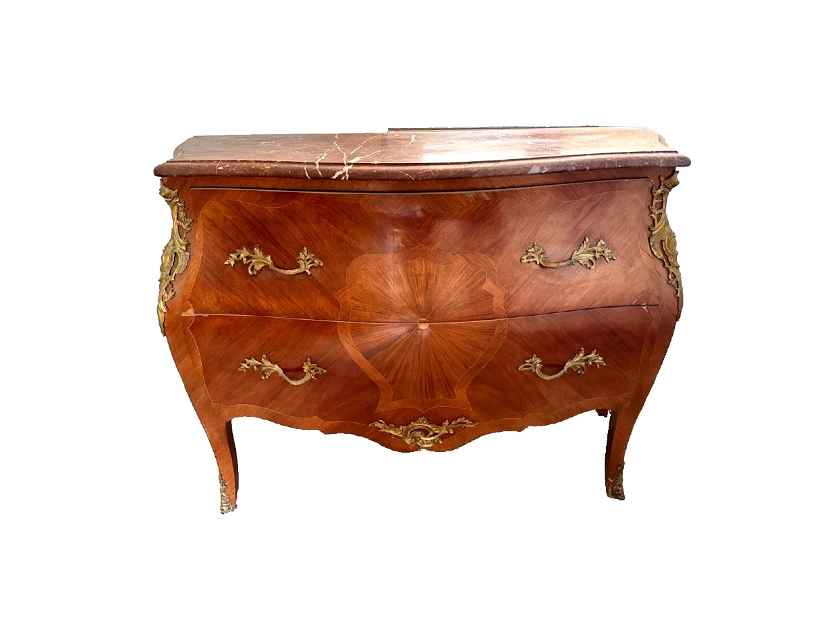 Commode tombeau marqueterie  rayonnante Louis XV  marbre rouge 2 tiroirs -photo-6