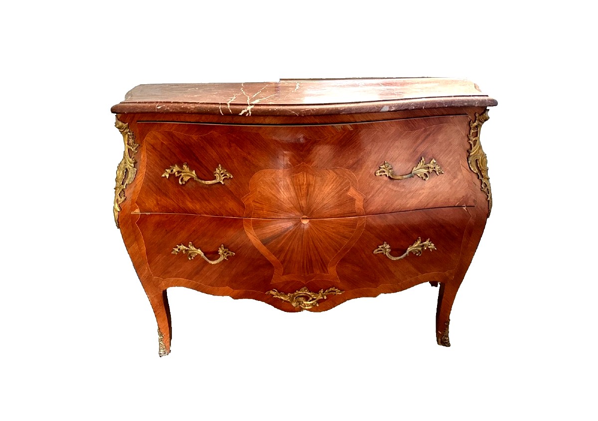 Commode tombeau marqueterie  rayonnante Louis XV  marbre rouge 2 tiroirs 