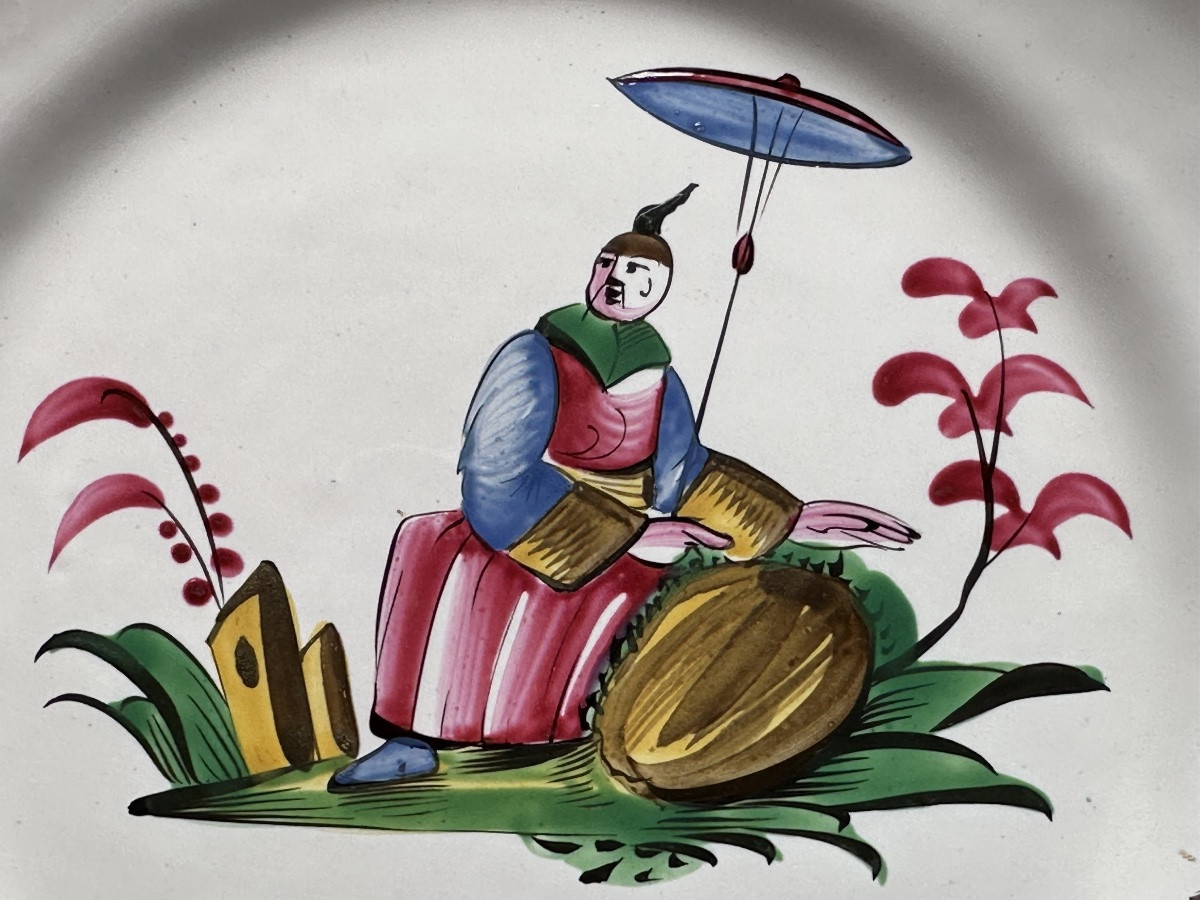 Earthenware Plate Decorated With Chinese Portrait And Parasol Les Islettes 18th Century-photo-2