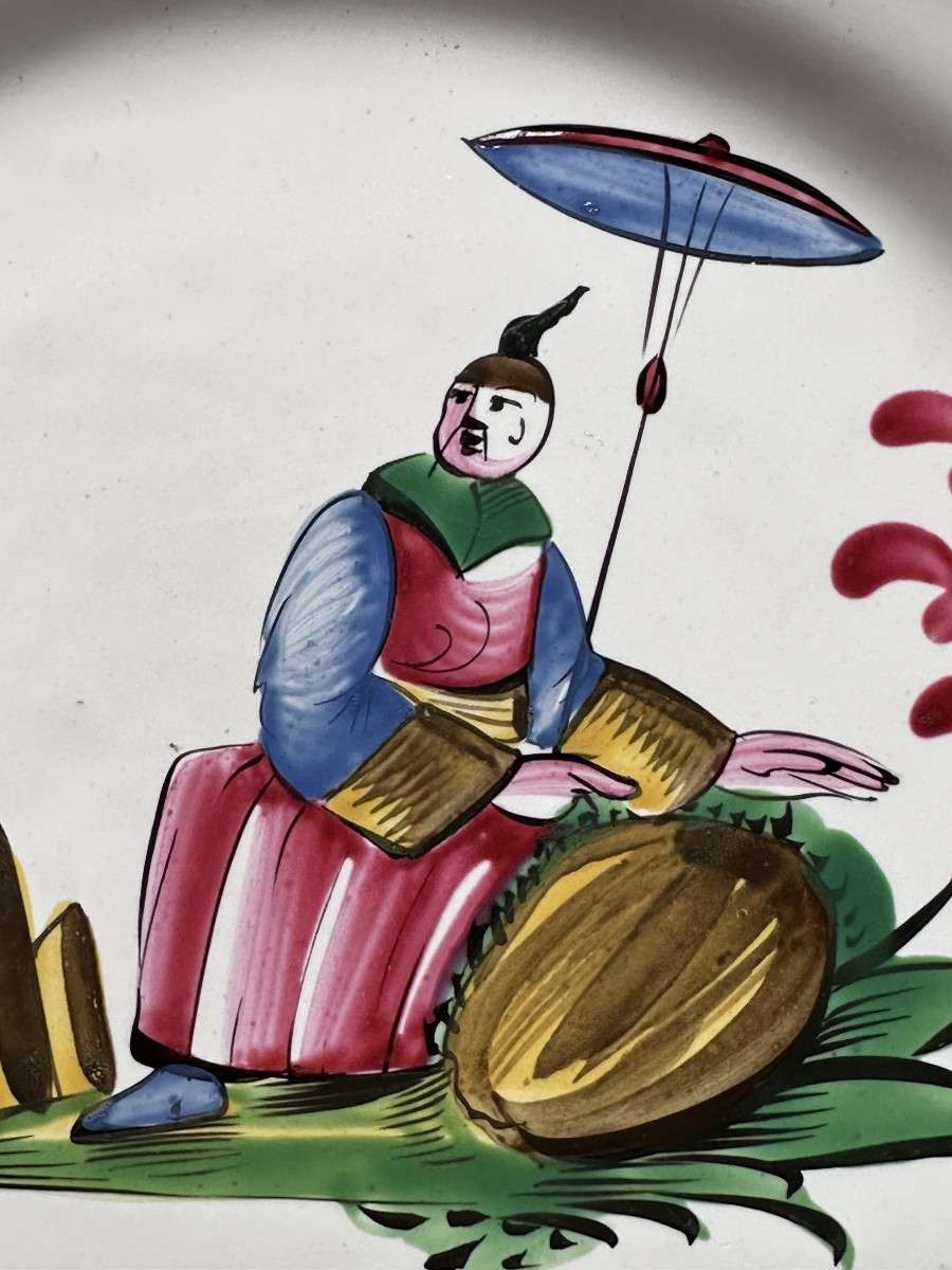 Earthenware Plate Decorated With Chinese Portrait And Parasol Les Islettes 18th Century-photo-5