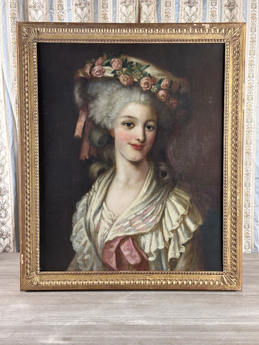 Painting Portrait Of A Courtesan Woman Headdress Princess Louis XVI Followed By Riout-photo-2