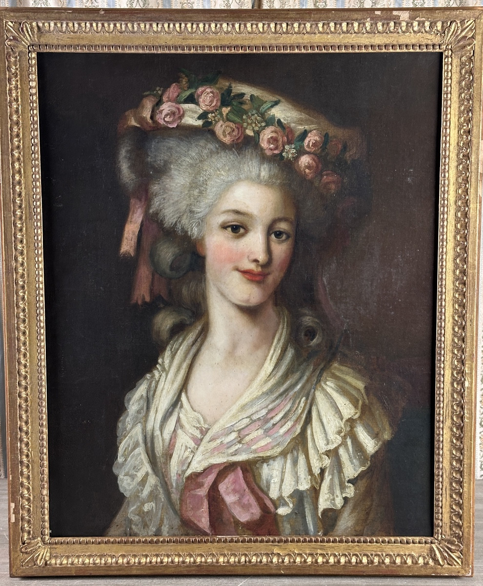 Painting Portrait Of A Courtesan Woman Headdress Princess Louis XVI Followed By Riout-photo-3