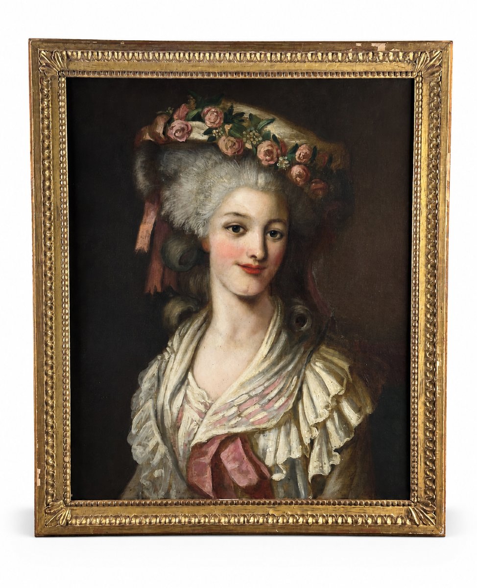 Tableau Portrait de femme courtisane coiffe chapeau Princesse Louis XVI suiv Riout 