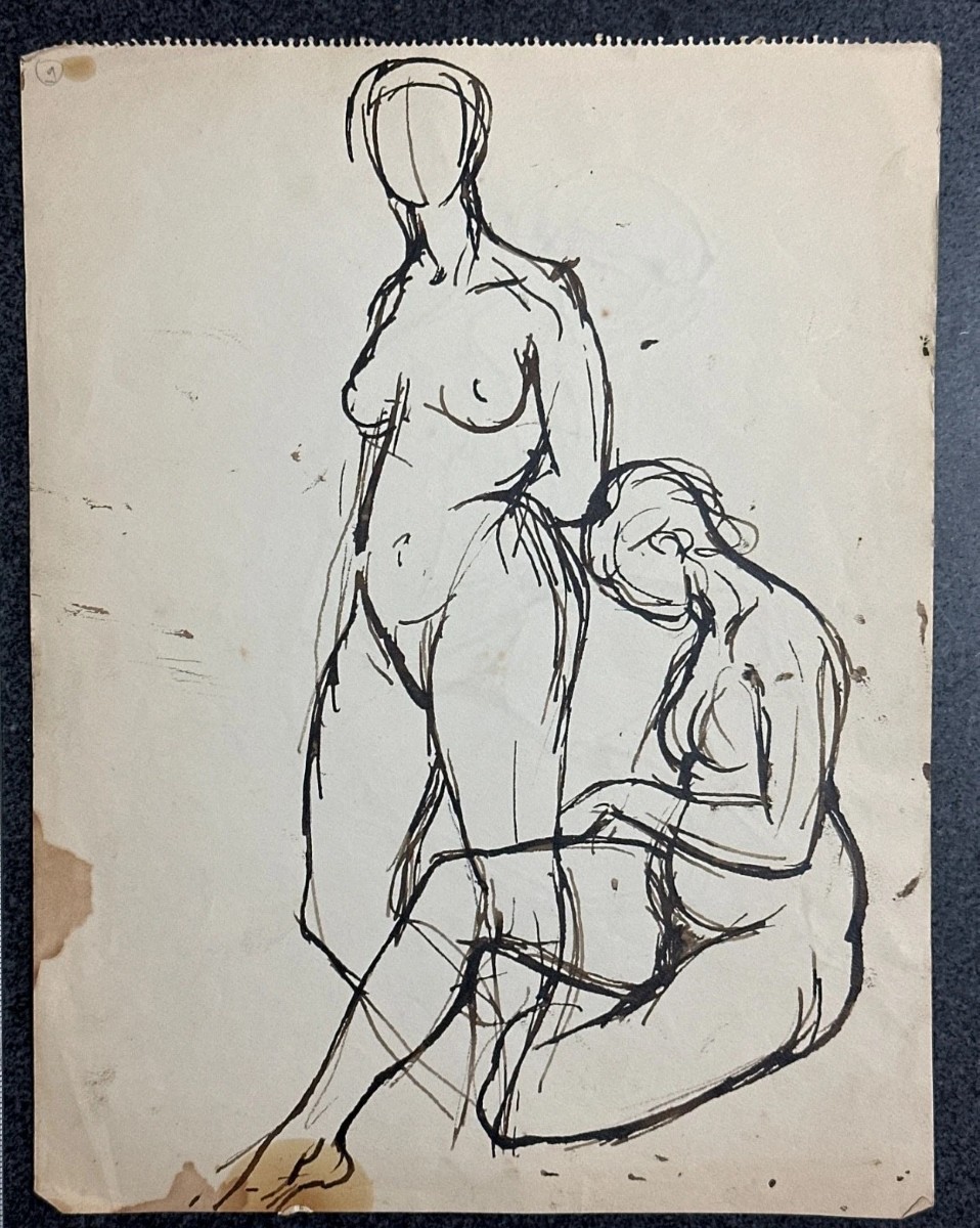 TEN KATE III Dessin à l’encre Étude de nus portrait féminins couple atelier art moderne 1950 -photo-2