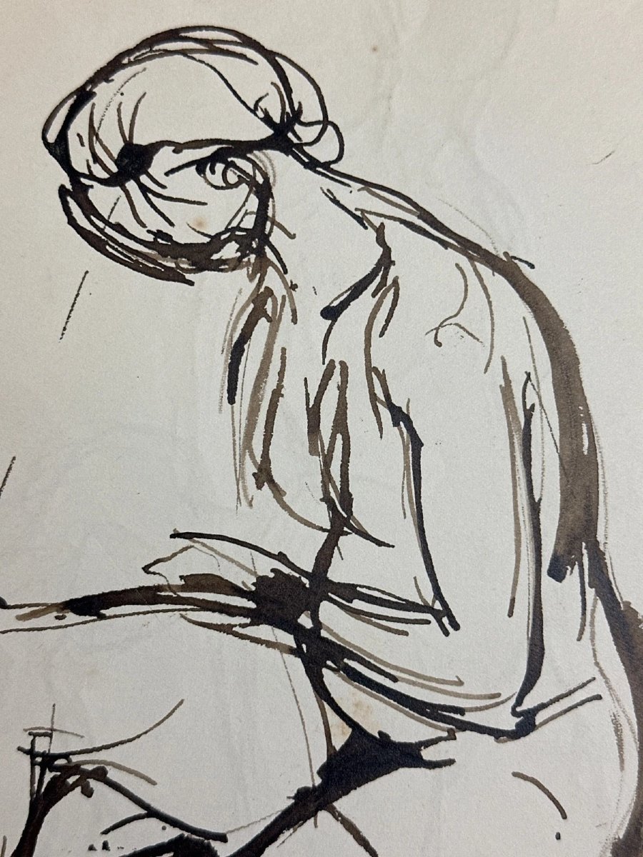 TEN KATE III Dessin à l’encre Étude de nus portrait féminins couple atelier art moderne 1950 -photo-1