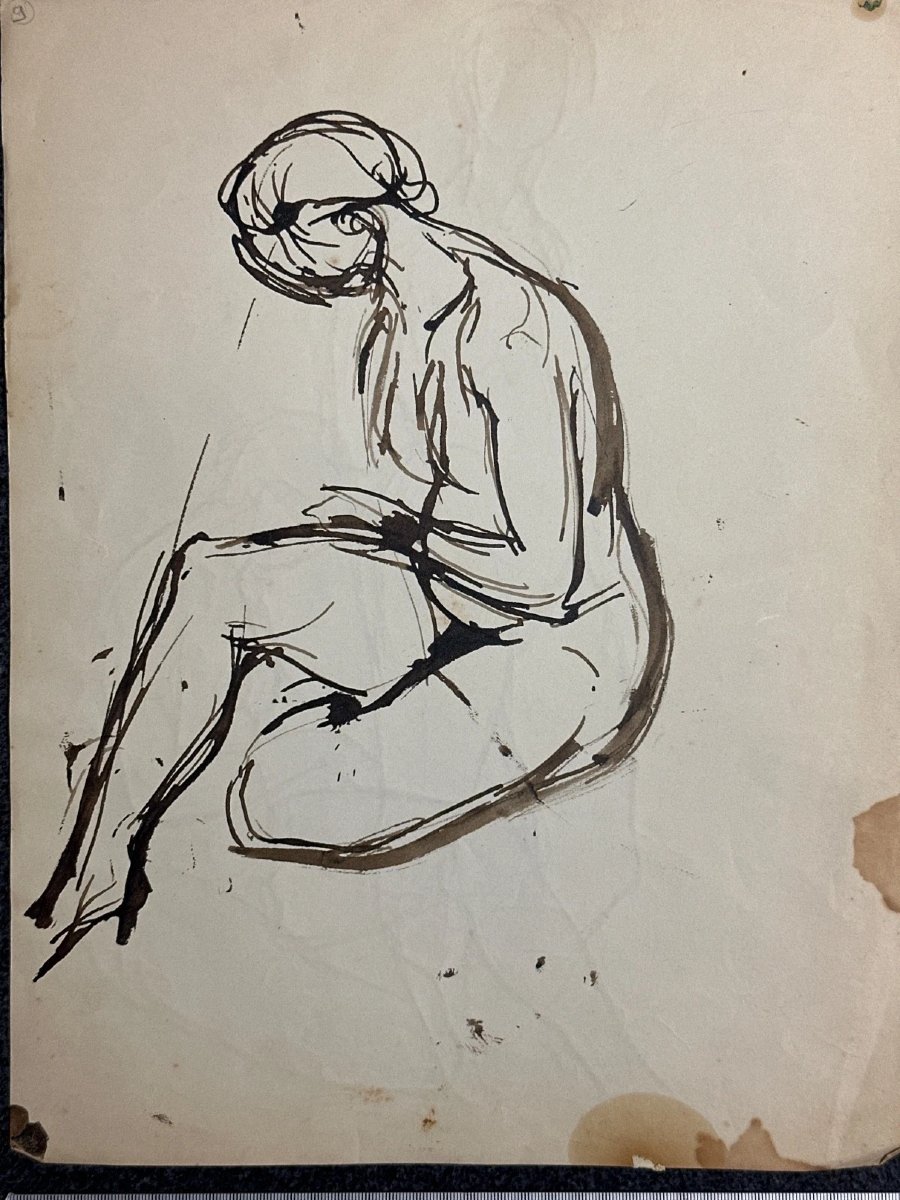 TEN KATE III Dessin à l’encre Étude de nus portrait féminins couple atelier art moderne 1950 -photo-2