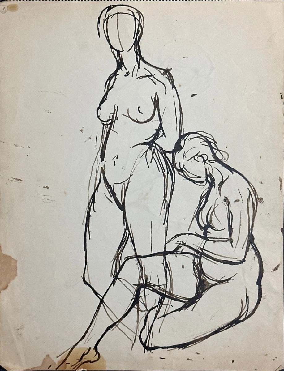 TEN KATE III Dessin à l’encre Étude de nus portrait féminins couple atelier art moderne 1950 