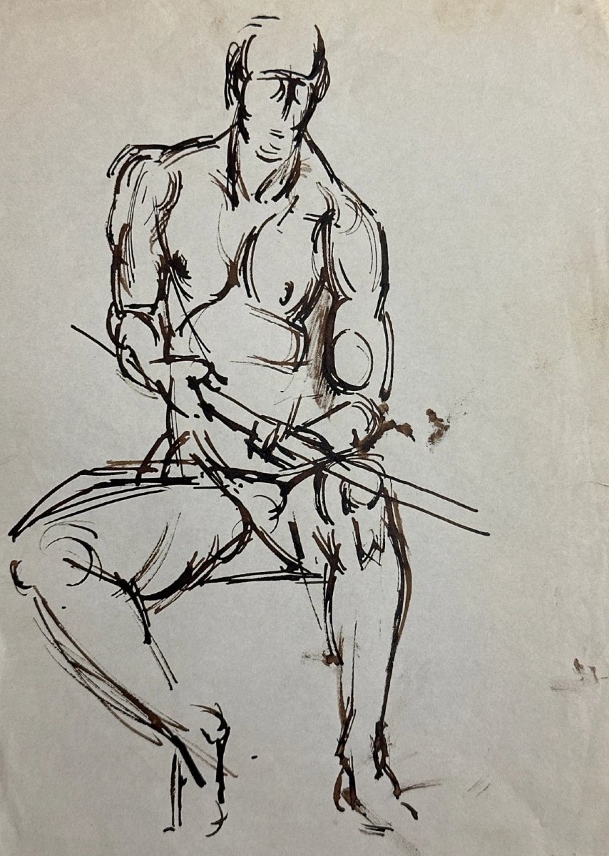 TEN KATE III Dessin à l’encre Étude de nu masculin assis-photo-1
