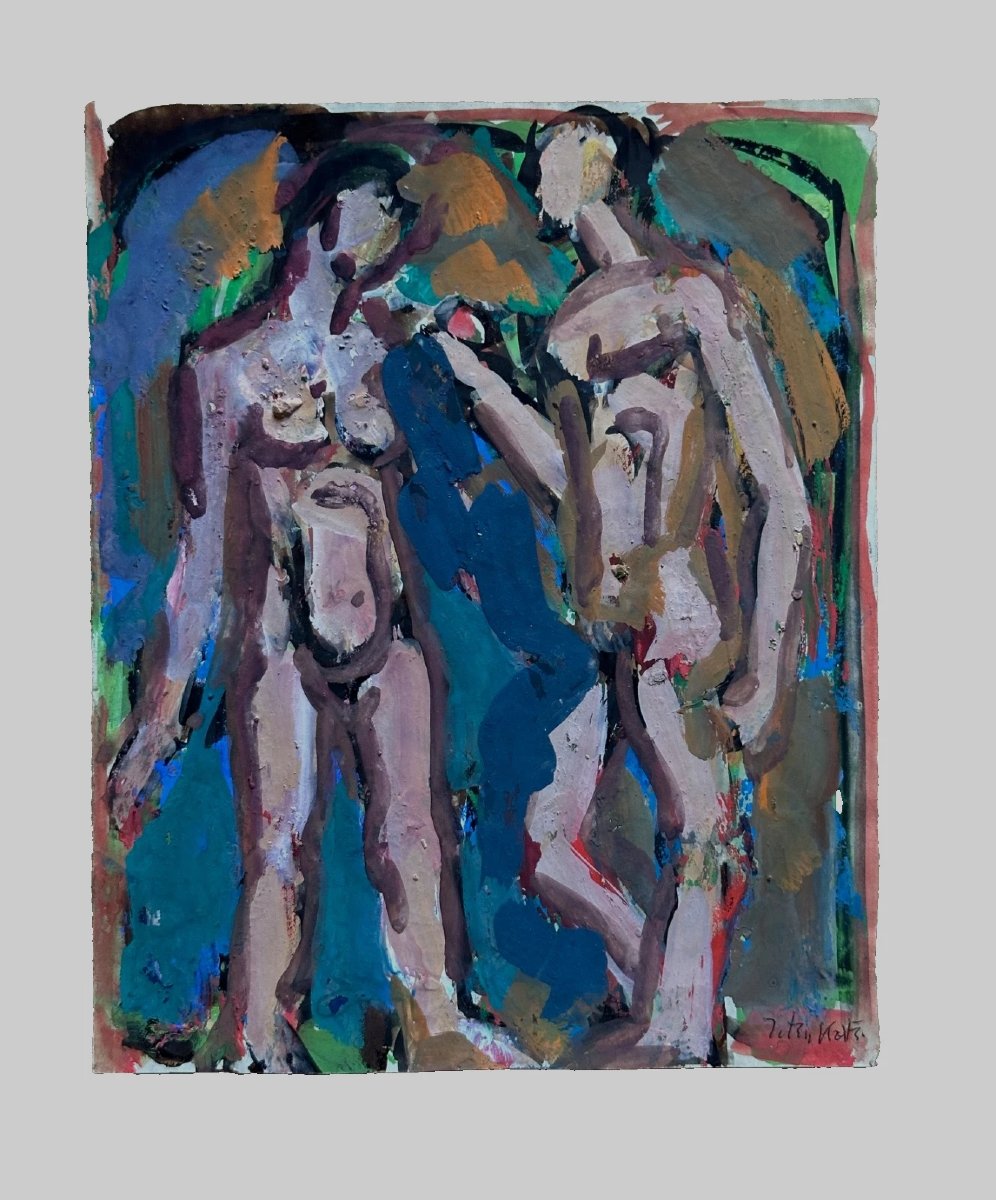 Ten Kate Antique Cobra Drawing Portrait Couple Man Woman Standing Nude Gouache 1950-photo-1