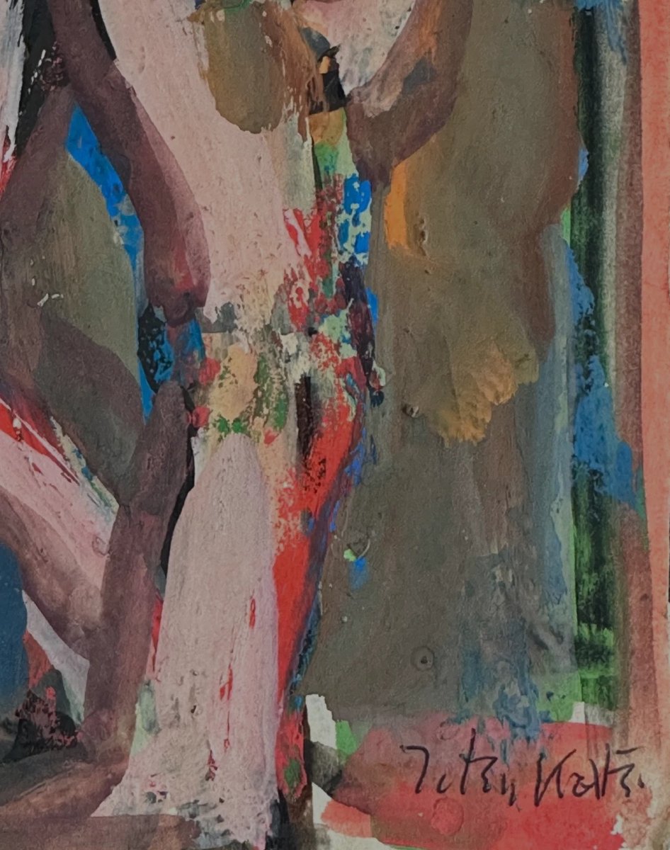 Ten Kate Antique Cobra Drawing Portrait Couple Man Woman Standing Nude Gouache 1950-photo-4